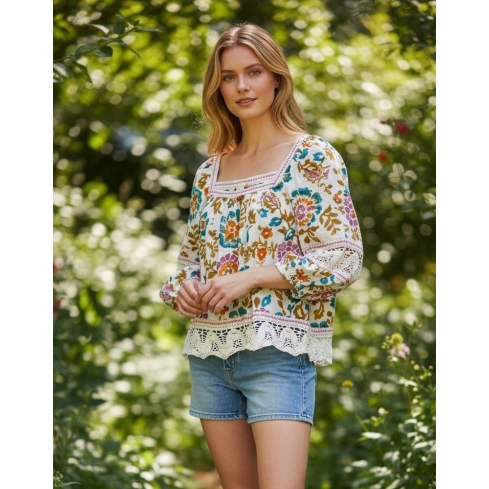 Christian Siriano Floral Linen Blend Crochet Lace Blouse Small Boho Cottage